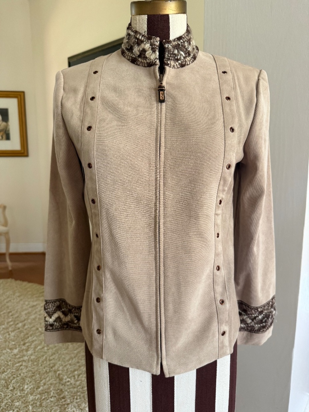 St John Sport By Marie Gray Mixed Media Mock Neck Jacket Tan Size P Quiet Luxury